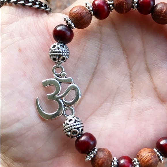 🔴SALE Red & brown wood mala beads om bracelet - Picture 2 of 8